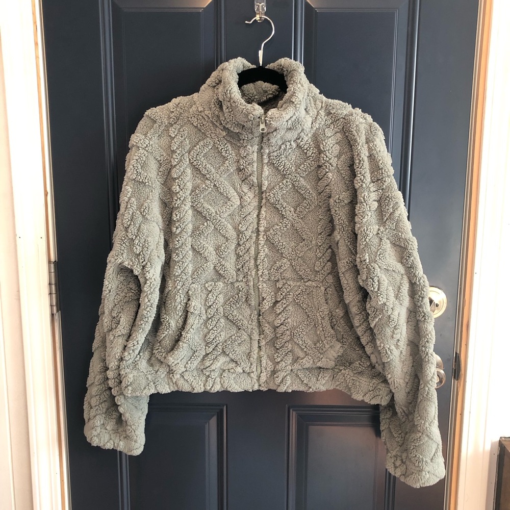 High-neck Zip up Casual faux fur Jacket with Pockets grey xl sherpa